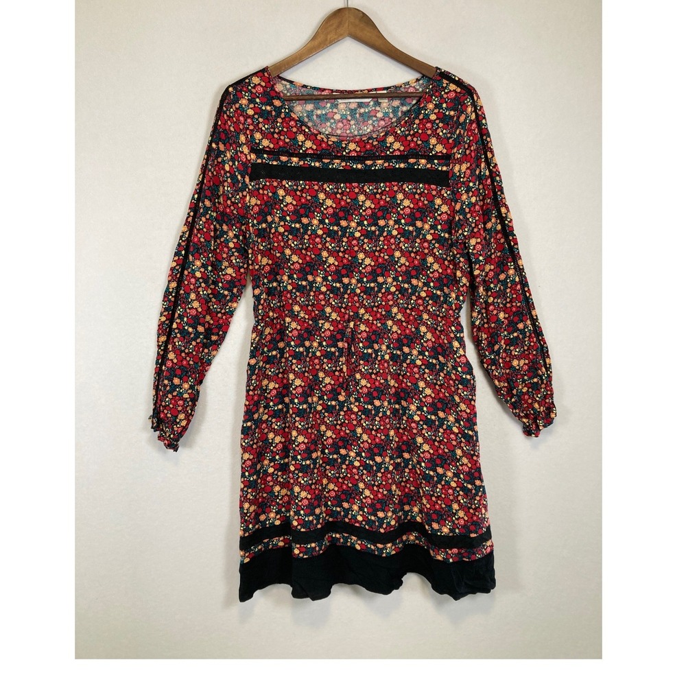 Boho Floral Prairie Women L Red Ditsy Print Lace Trim Long Sleeve Mini Dress